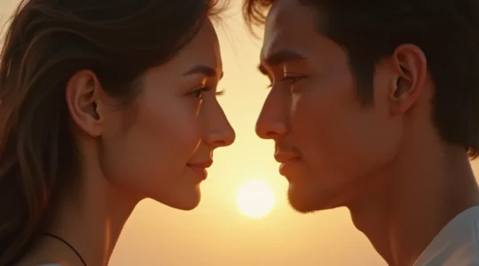 Une scène métaphorique représentant une rencontre entre une femme d'Europe de l'Est et un homme d'Asie de l'Est, avec des éléments visuels symbolisant la spiritualité et la quête intérieure