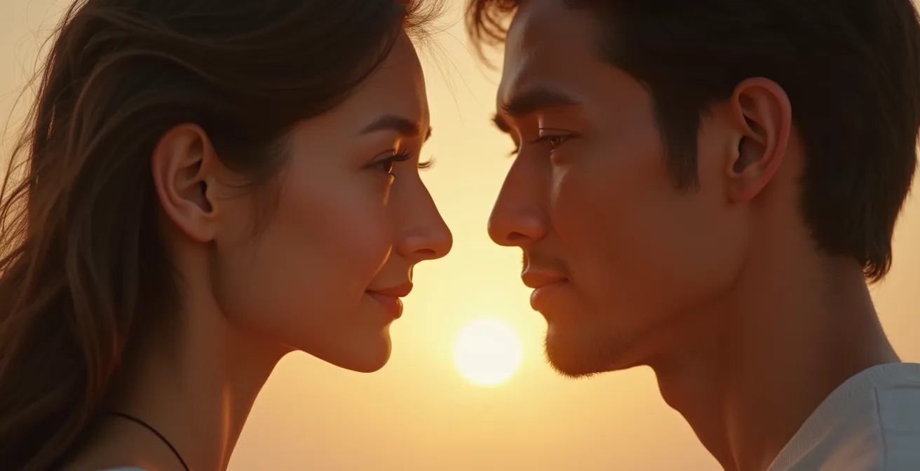 Une scène métaphorique représentant une rencontre entre une femme d'Europe de l'Est et un homme d'Asie de l'Est, avec des éléments visuels symbolisant la spiritualité et la quête intérieure