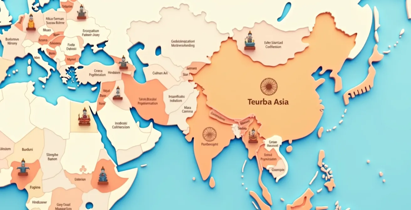 Carte stylisée montrant les zones géographiques des principales philosophies spirituelles d'Asie de l'Est, Sud et Europe de l'Est
