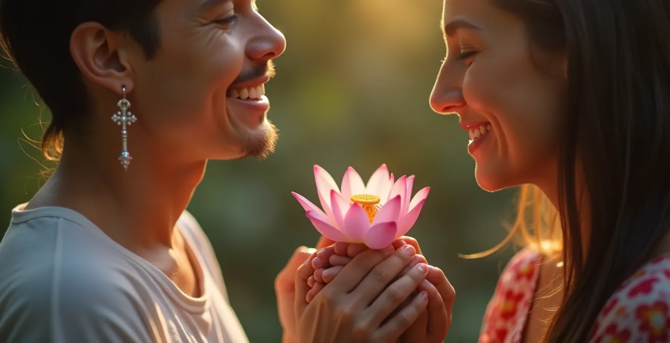 Couple interculturel tenant des symboles spirituels distincts, montrant un moment de partage et d'harmonie culturelle